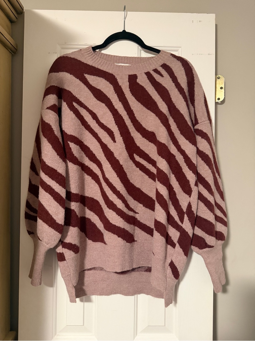 She + Sky Pink and Burgundy Zebra-Print Crewneck Sweater